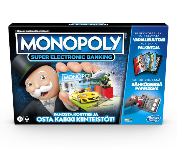 Hasbro Monopoly Super Electronic Banking peli edullisesti HyväPeli.fi:stä. Hinta: 27,90 €. Tuoteryhmä: Lautapelit ja seurapelit.