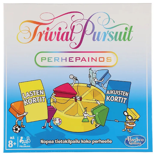 Hasbro Trivial Pursuit Perhepainos peli edullisesti HyväPeli.fi:stä. Hinta: 24,90 €. Tuoteryhmät: Lautapelit ja seurapelit, Tietopelit, Opettavat pelit